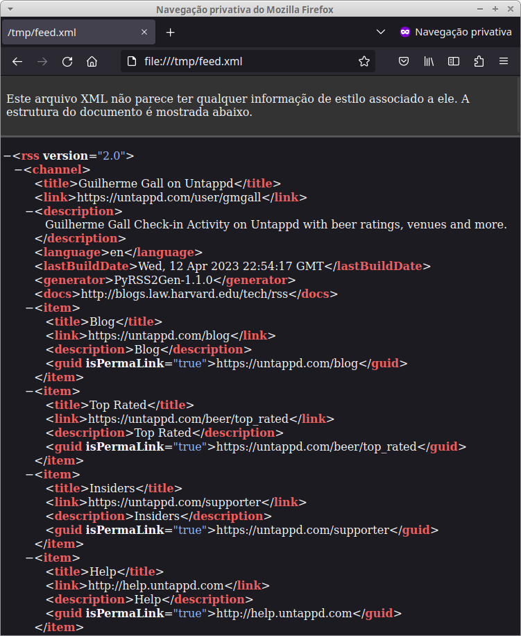 Um arquivo XML sendo visualizado pelo Firefox.