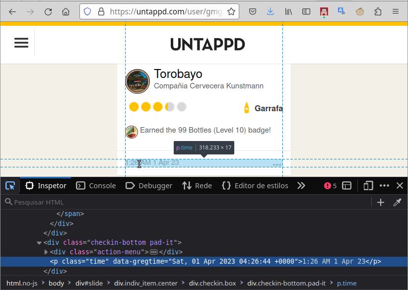 Firefox Developer Tools sendo usado para inspecionar a página de um check-in no Untappd.