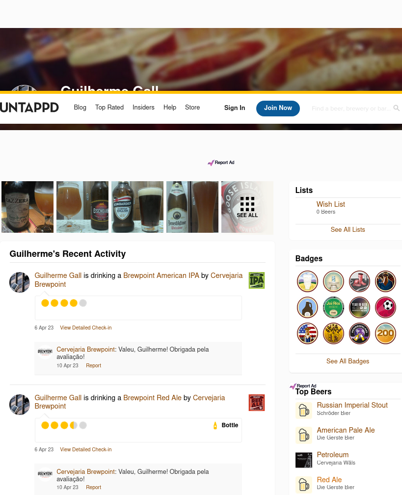 Um perfil do Untappd visualizado visto pela interface web.