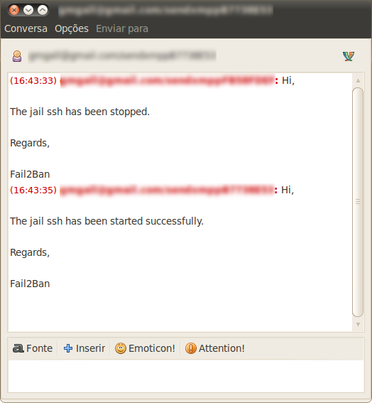 Janela de chat do mensageiro instantâneo Pidgin, mostrando mensagens enviadas pelo fail2ban.