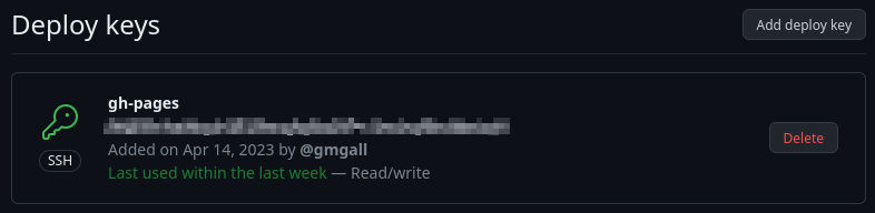 Configurações das deploy keys num repositório do GitHub após a configuração de uma chave.