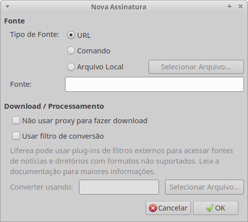 Tela de cadastro do agregador RSS Liferea mostrando 3 fontes possíveis para o feed: URL, comando e arquivo local.