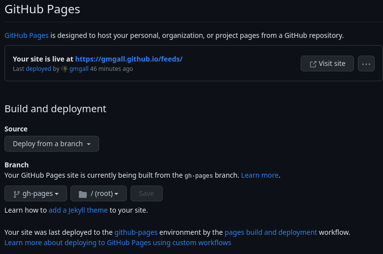 Configurações do GitHub Pages para um repositório no GitHub. As configurações mostram que o branch de origem é gh-pages.
