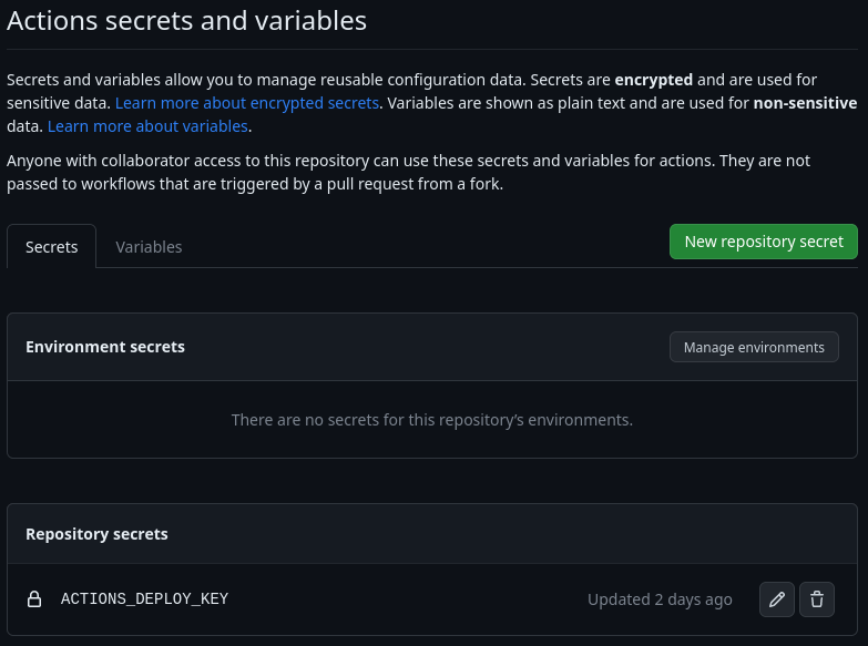 Configurações dos segredos criptografados num repositório do GitHub após a inserção de um segredo chamado "ACTIONS_DEPLOY_KEY".