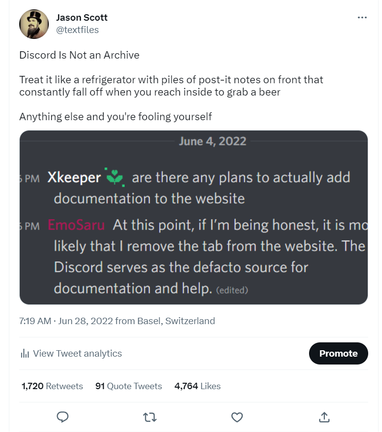 Print de tuite de Jason Scott explicando que o Discord não é um arquivo.
