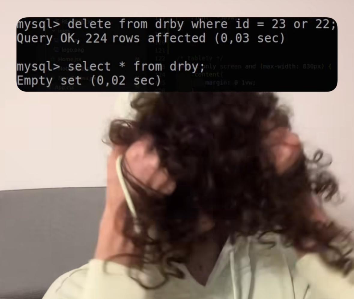 Uma pessoa desesperada com uma query SQL que inadvertidamente apagou todas as linhas de uma tabela ao invés das 2 pretendidas.