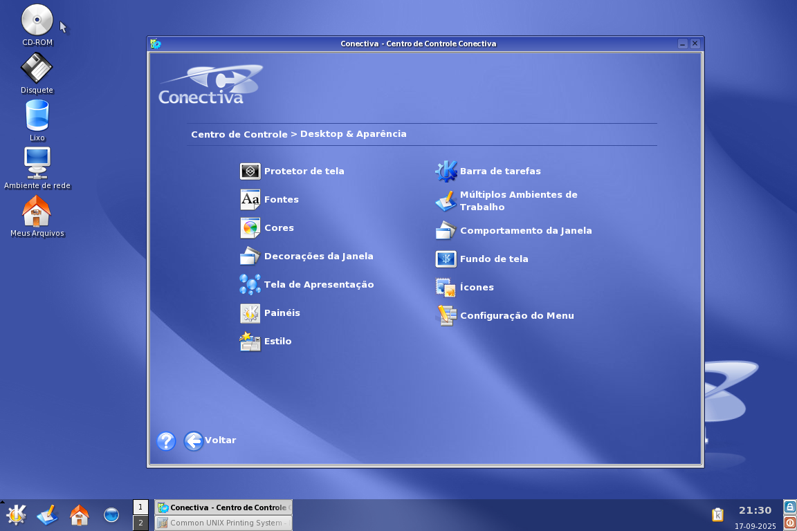 Centro de Controle Conectiva na seção 'Desktop & Aparência'.