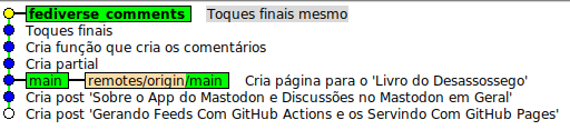 Screenshot do gitk mostrando um branch main e um branch fediverse_comments com vários commits desorganizados.