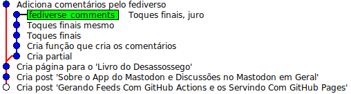 Screenshot do gitk mostrando um branch main com um único commit limpo que traz as alterações de todos os commits sujos de fediverse_comments.