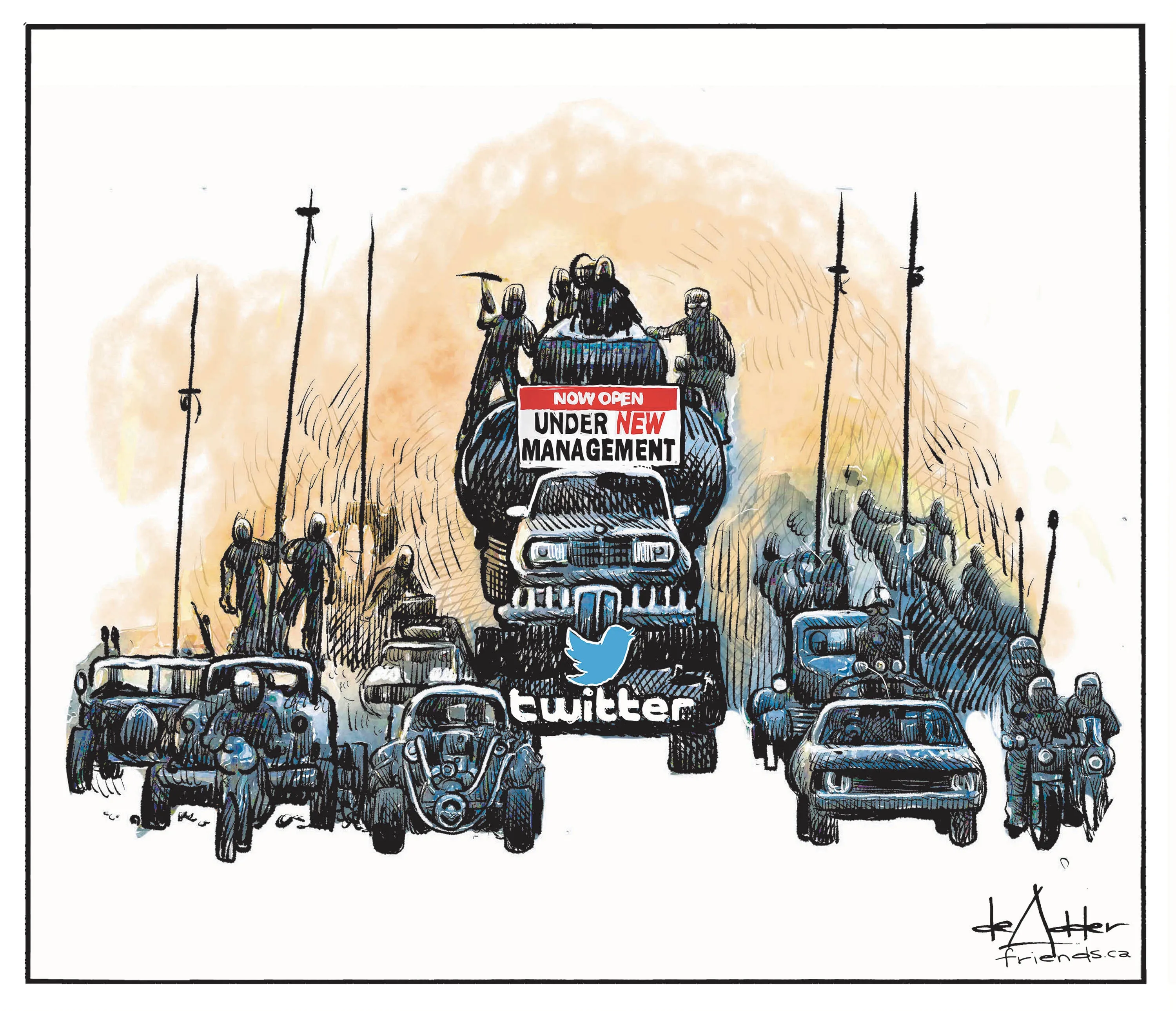 Cartum de Michael de Adder que mostra o comboio de Immortan Joe, do filme "Mad Max: Fury Road", com o logo do Twitter na frente. O caminhão traz uma placa escrito "Under new management".