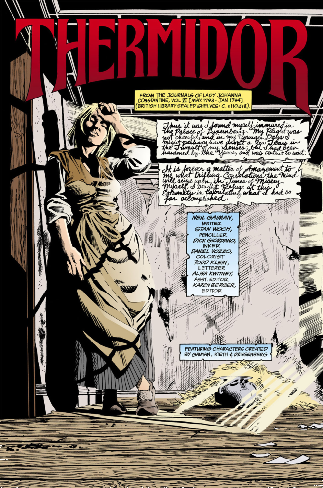 Página de 'Thermidor'. É um painel que ocupa a página inteira. Nele, aparece Johanna Constantine encostada contra uma parede de um quarto com paredes velhas e sujas. Ela é uma mulher loira e usa um vestido simples de trabalhadora doméstica. Além do título no topo e dos créditos da edição, há o primeiro trecho em letra cursiva da história.