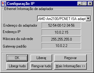 Programa winipcfg do Windows 95. É uma pequena janela com o endereço MAC da placa de rede, o endereço IP da interface, a máscara de sub-rede e o gateway padrão. Abaixo dessas informações há os botões "OK", "Liberar", "Renovar", "Liberar tudo", "Renovar tudo" e "Mais informações".