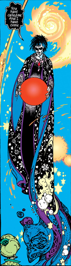 Recorte retangular de painel de 'Ramadan'. O retângulo está na vertical, com altura aproximadamente 4 vezes maior que a base. Nela aparece Morpheus com um manto preto, branco, azul e roxo. Ele é uma figura alta, magra e pálida. Segura uma esfera vermelha nas mãos e diz 'You have called me. And I have come.' O fundo da imagem é um céu fantástico azul claro com estrelas douradas.