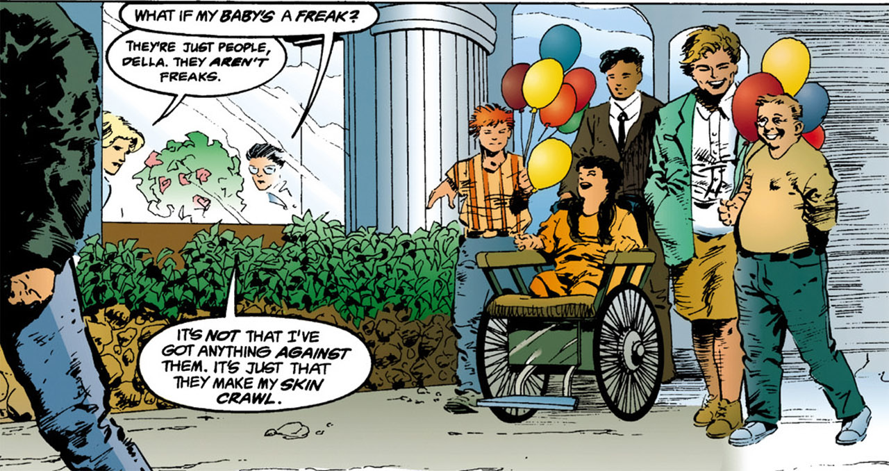 Urania, com sua "máscara" de silicato, janta com sua amiga grávida. Elas observam um grupo de crianças com deficiência passando. A amiga grávida pergunta "E se meu bebê for uma aberração?" Urania responde que eles não são aberrações, são apenas pessoas.