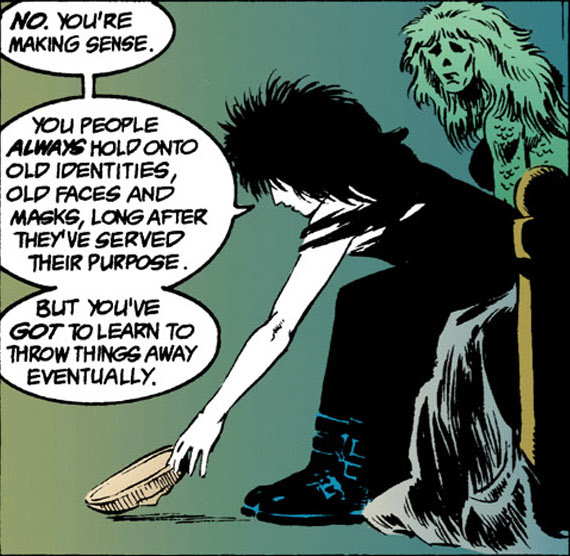 Morte pega do chão uma das máscaras que foi um antigo rosto de Urania. Elas estão sentadas lado a lado numa cama. Morte diz "You people always hold onto old identities, old faces and masks, long after they've served their purpose. But you've got to learn to throw things away eventually".